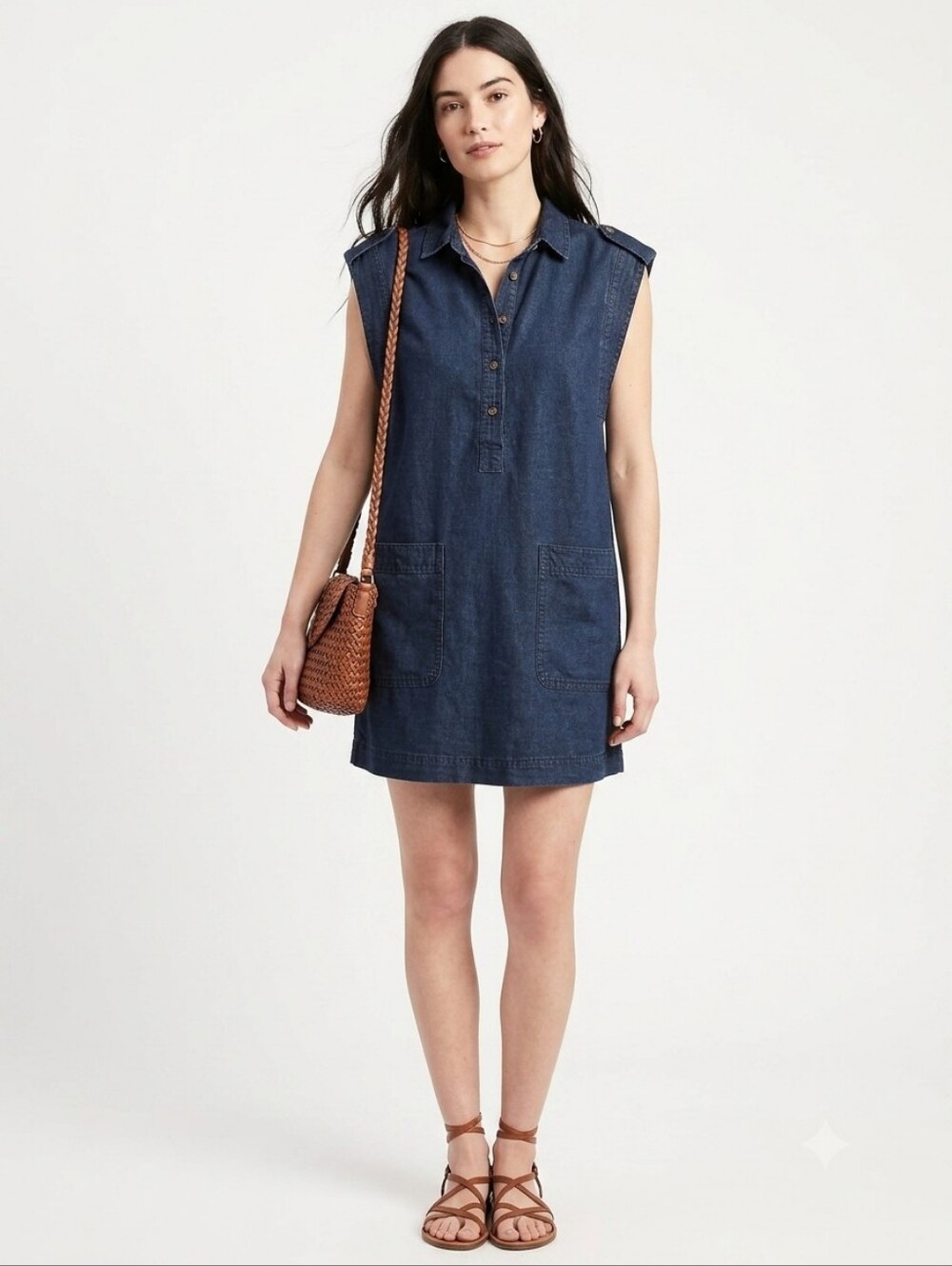 BANANA REPUBLIC Dark Indigo Sleeveless Linen-Blend Utility Shift Dress